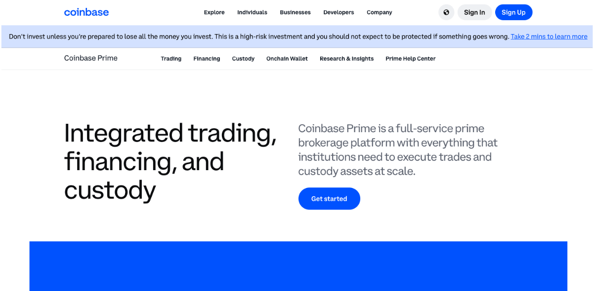 Coinbase Prime Honepage
