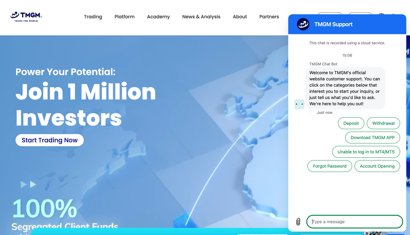 TMGM homepage showing one million client milestone